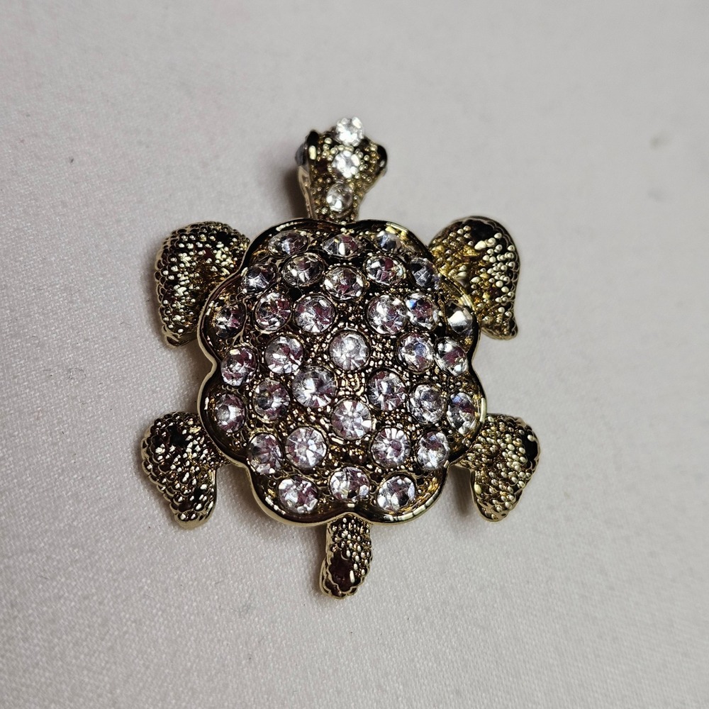 Turtle Brooch Pin Womens OS Gold Rhinestone Sea Life Animal Coastal